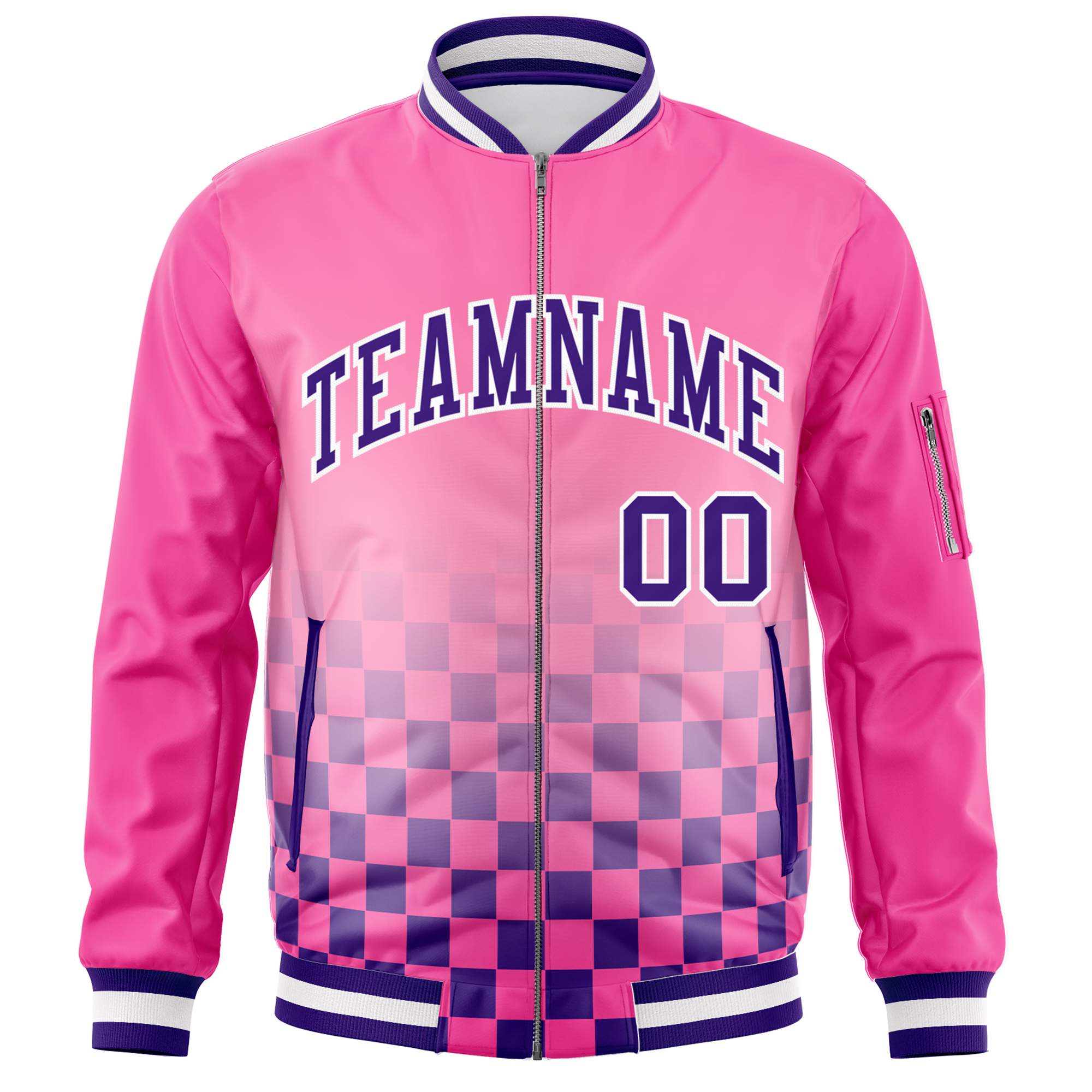 Custom Pink Purple-White Grid Varsity Full-Zip Color Block Letterman Bomber Jacket