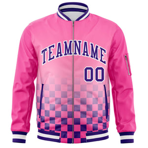 Custom Pink Purple-White Grid Varsity Full-Zip Color Block Letterman Bomber Jacket