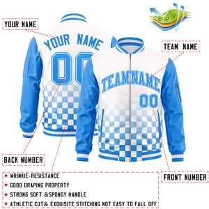 Custom White Powder Blue Grid Varsity Full-Zip Color Block Letterman Raglan Sleeve Jacket