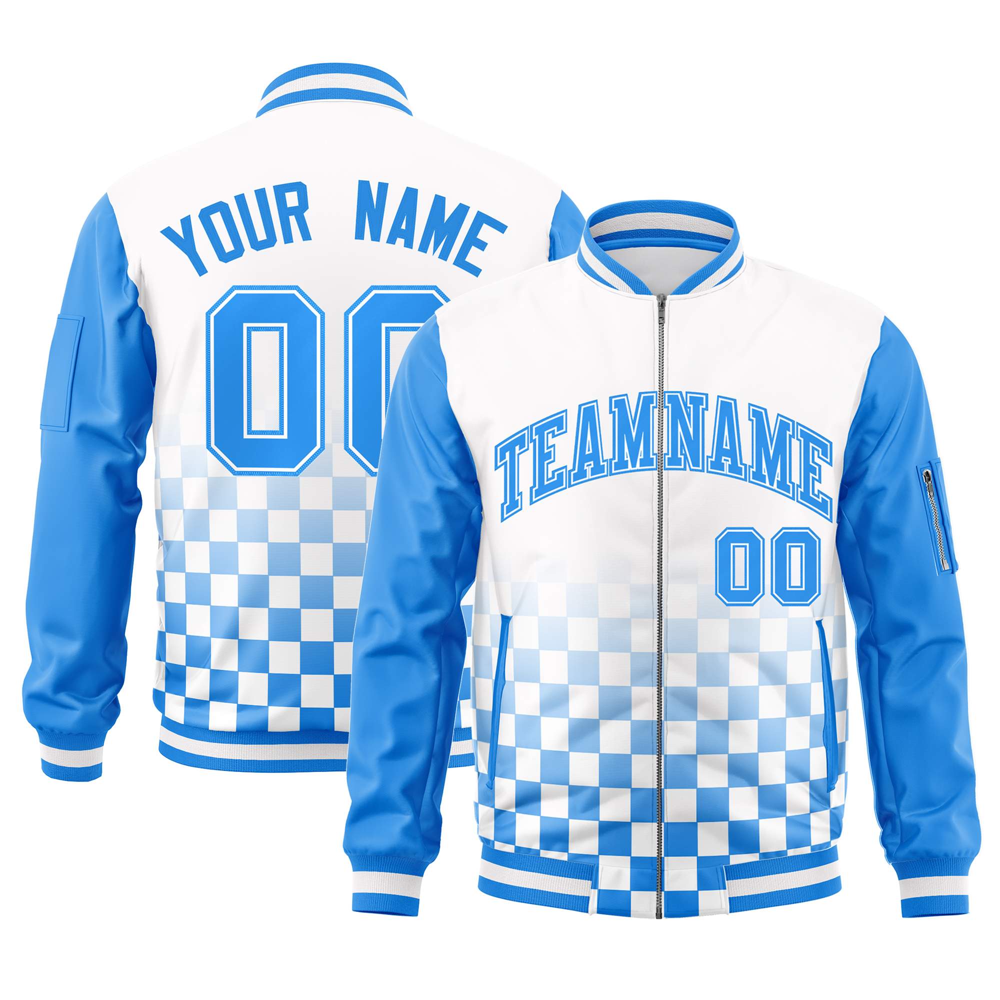 Custom White Powder Blue Grid Varsity Full-Zip Color Block Letterman Raglan Sleeve Jacket