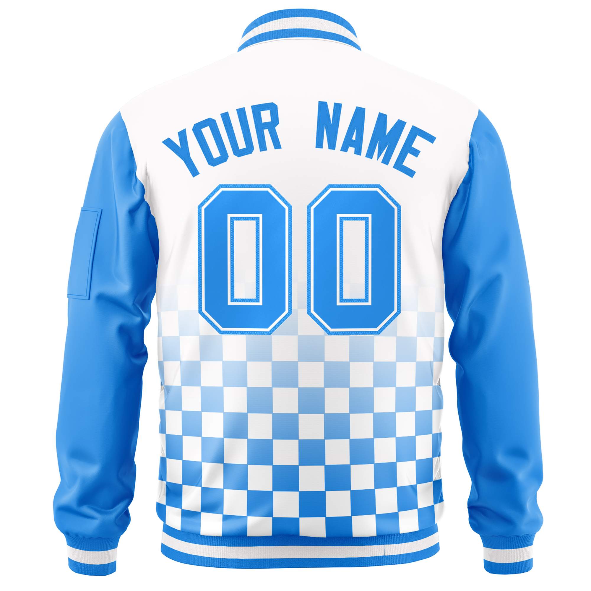 Custom White Powder Blue Grid Varsity Full-Zip Color Block Letterman Raglan Sleeve Jacket