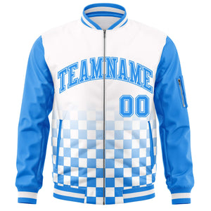 Custom White Powder Blue Grid Varsity Full-Zip Color Block Letterman Raglan Sleeve Jacket