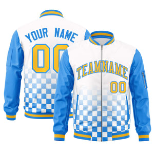 Custom White Gold-Powder Blue Grid Varsity Full-Zip Color Block Letterman Raglan Sleeve Jacket