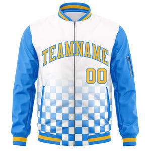 Custom White Gold-Powder Blue Grid Varsity Full-Zip Color Block Letterman Raglan Sleeve Jacket