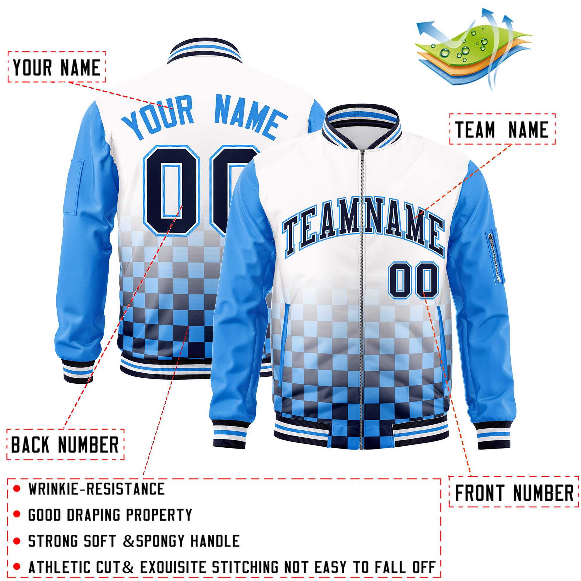 Custom White Navy-Powder Blue Grid Varsity Full-Zip Color Block Letterman Raglan Sleeve Jacket