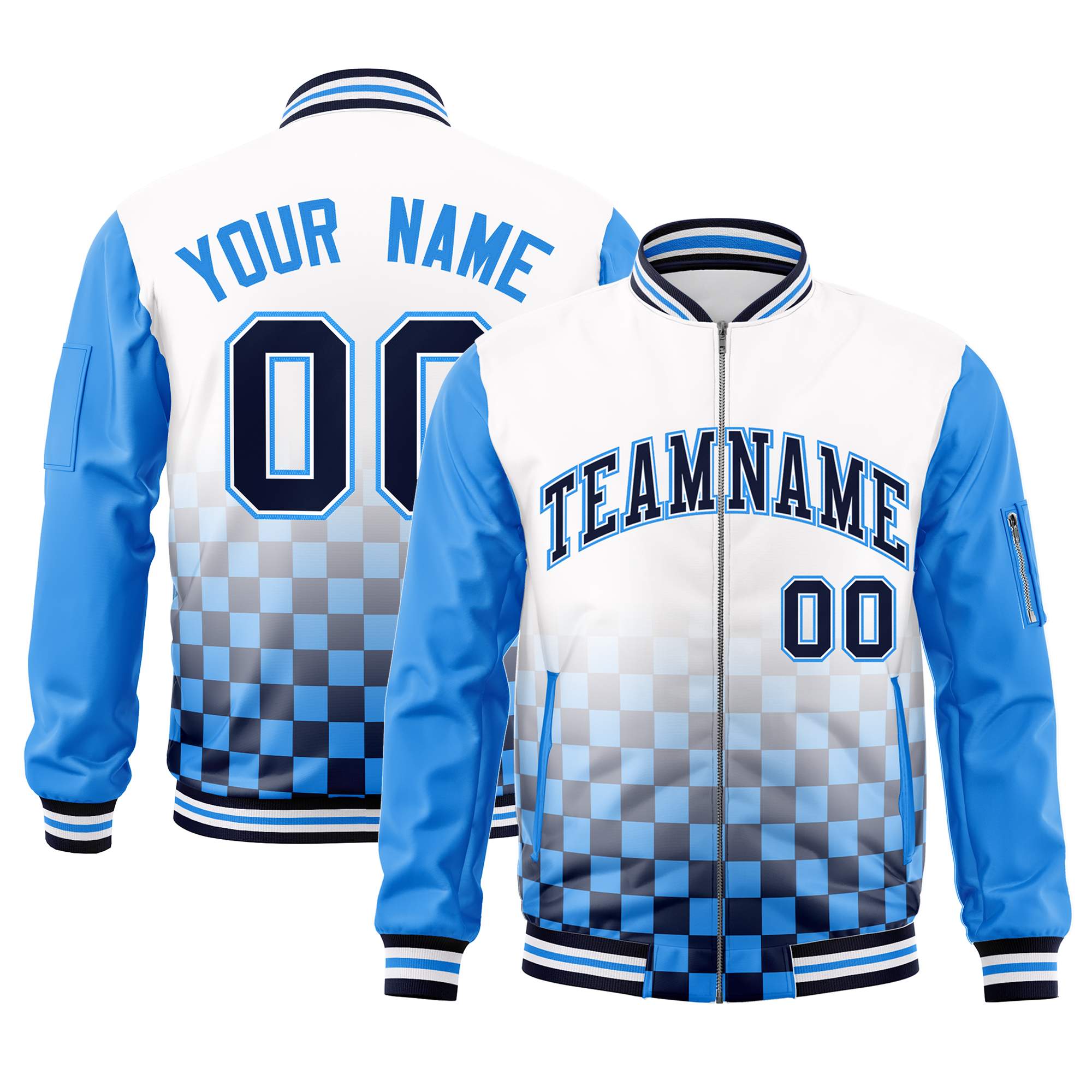 Custom White Navy-Powder Blue Grid Varsity Full-Zip Color Block Letterman Raglan Sleeve Jacket