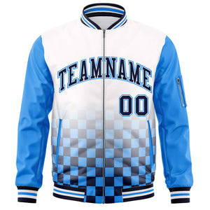 Custom White Navy-Powder Blue Grid Varsity Full-Zip Color Block Letterman Raglan Sleeve Jacket