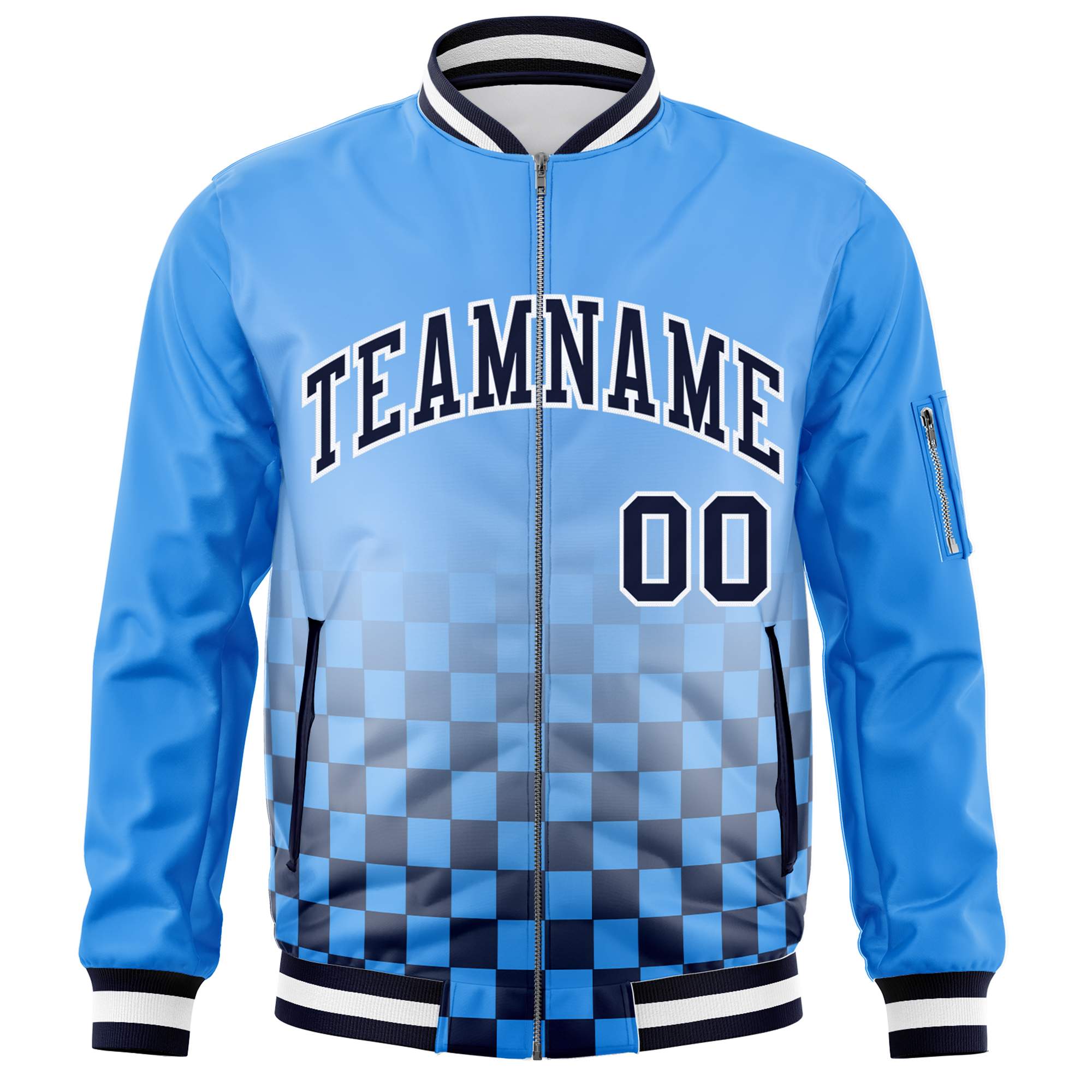 Custom Powder Blue Navy-White Grid Varsity Full-Zip Color Block Letterman Bomber Jacket