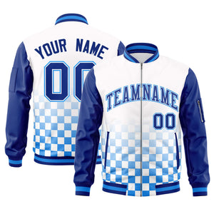 Custom White Royal-Powder Blue Grid Varsity Full-Zip Color Block Letterman Raglan Sleeve Jacket