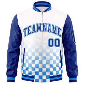 Custom White Royal-Powder Blue Grid Varsity Full-Zip Color Block Letterman Raglan Sleeve Jacket