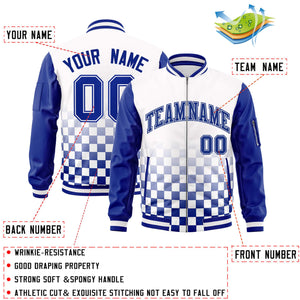 Custom White Royal Grid Varsity Full-Zip Color Block Letterman Raglan Sleeve Jacket