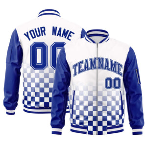 Custom White Royal Grid Varsity Full-Zip Color Block Letterman Raglan Sleeve Jacket