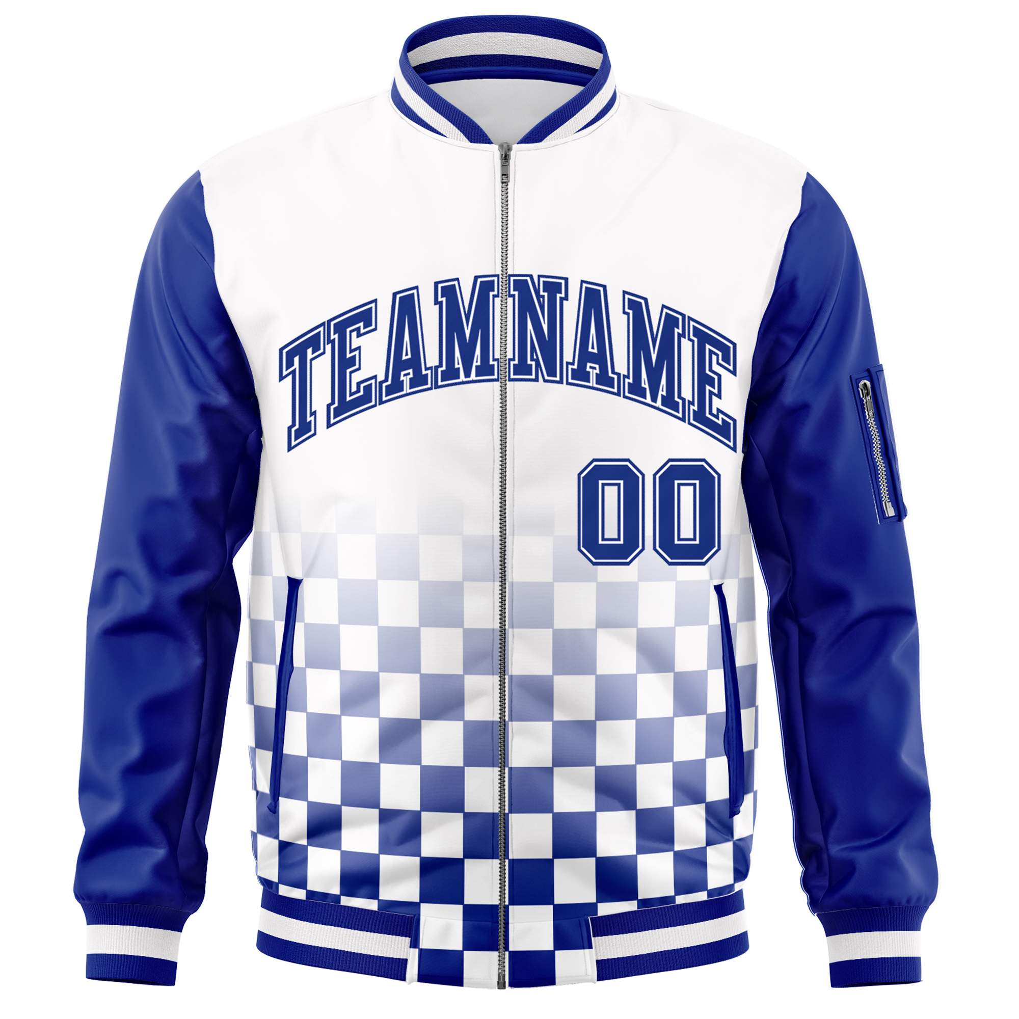 Custom White Royal Grid Varsity Full-Zip Color Block Letterman Raglan Sleeve Jacket