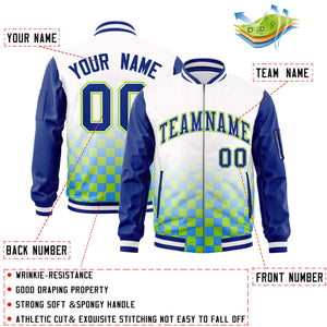 Custom White Royal-Neon Green Grid Varsity Full-Zip Color Block Letterman Raglan Sleeve Jacket