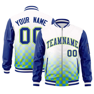 Custom White Royal-Neon Green Grid Varsity Full-Zip Color Block Letterman Raglan Sleeve Jacket