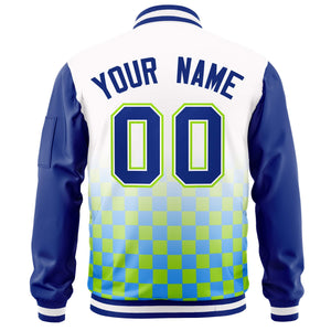 Custom White Royal-Neon Green Grid Varsity Full-Zip Color Block Letterman Raglan Sleeve Jacket