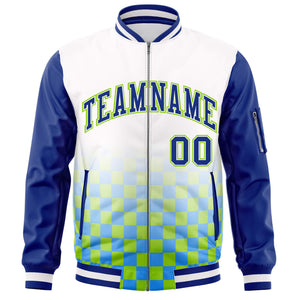 Custom White Royal-Neon Green Grid Varsity Full-Zip Color Block Letterman Raglan Sleeve Jacket