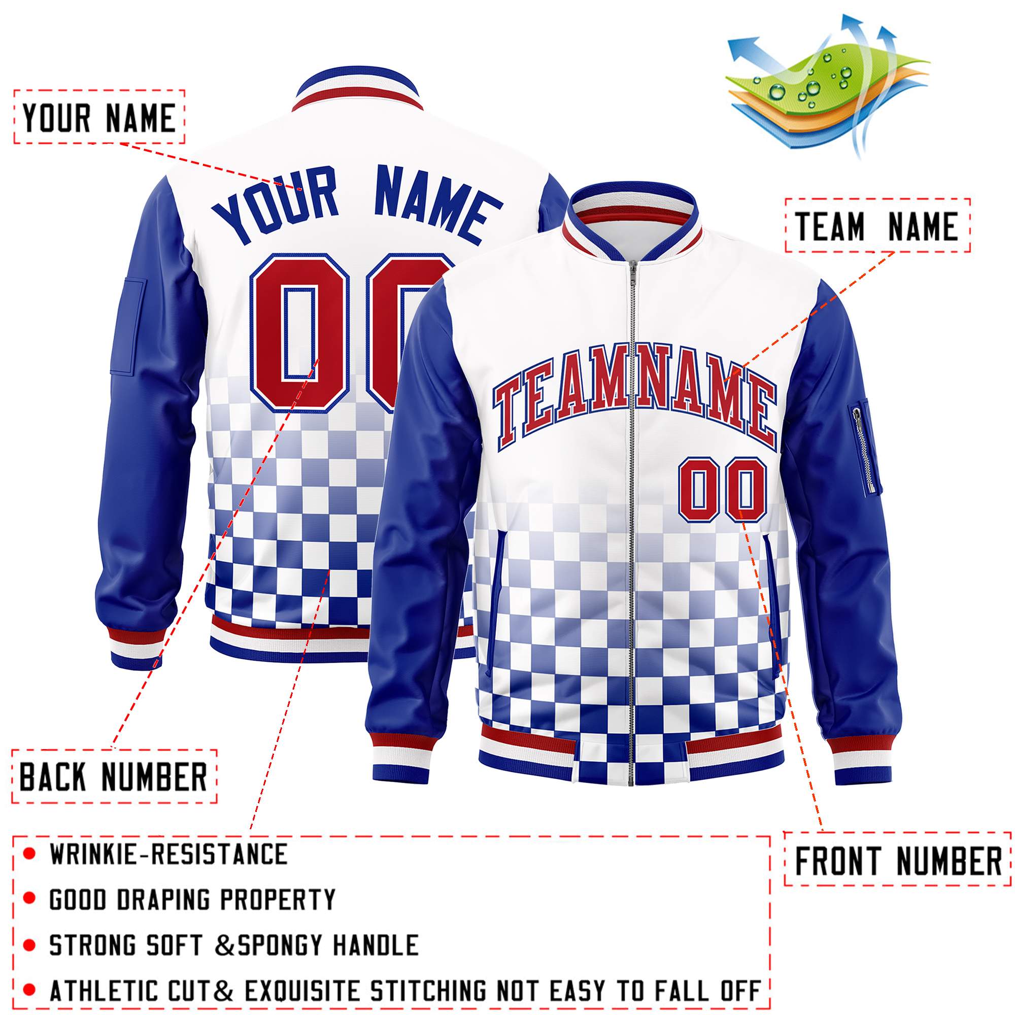 Custom White Red-Royal Grid Varsity Full-Zip Color Block Letterman Raglan Sleeve Jacket