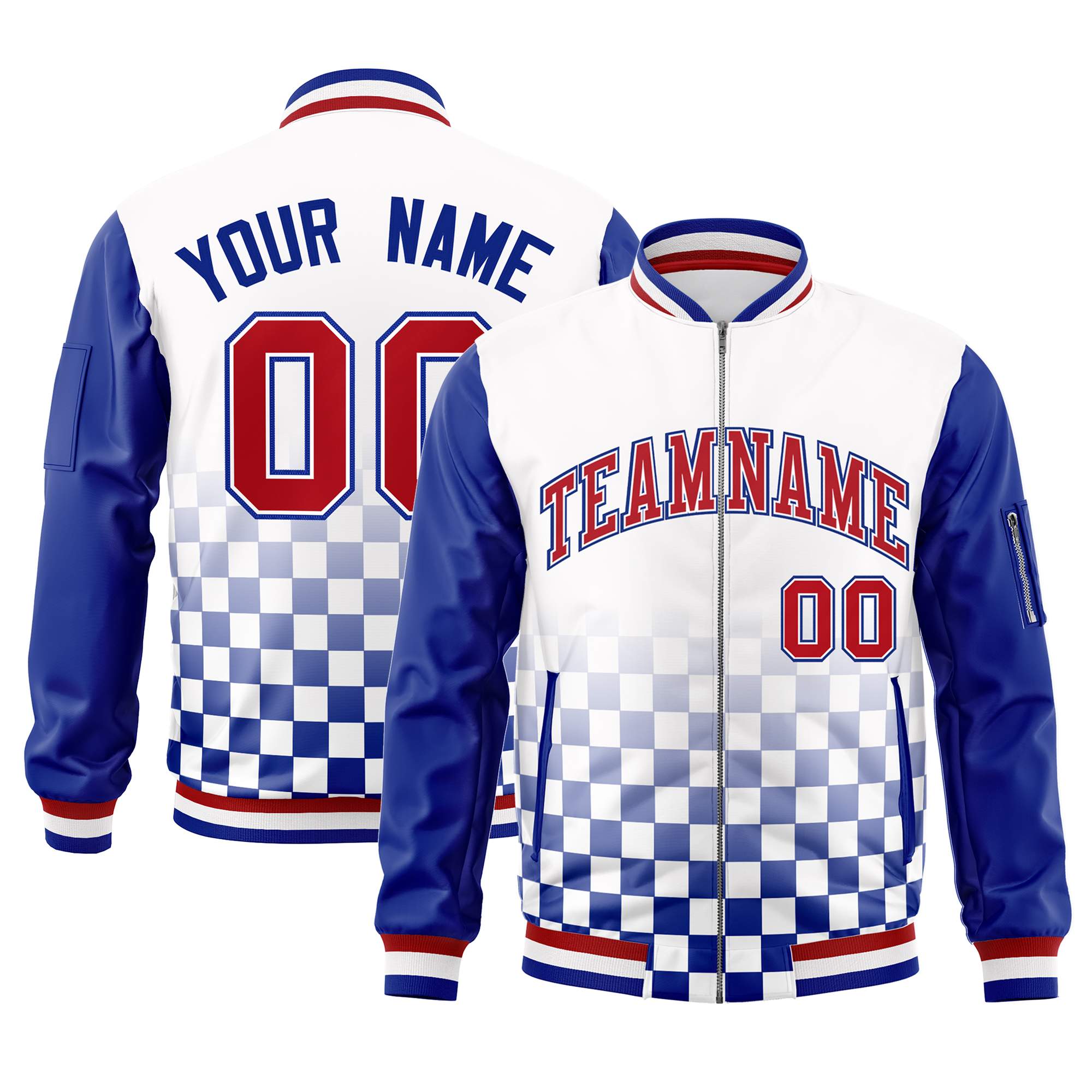 Custom White Red-Royal Grid Varsity Full-Zip Color Block Letterman Raglan Sleeve Jacket