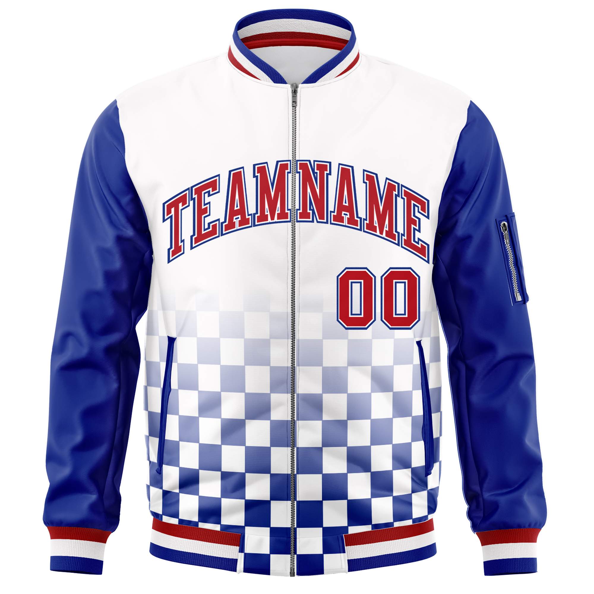 Custom White Red-Royal Grid Varsity Full-Zip Color Block Letterman Raglan Sleeve Jacket