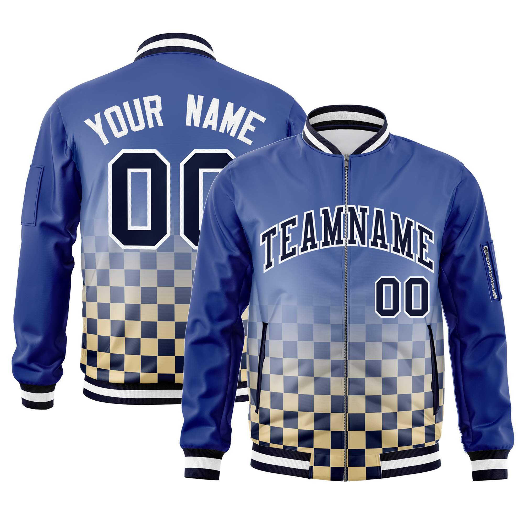 Custom Royal Navy-White Grid Varsity Full-Zip Color Block Letterman Bomber Jacket