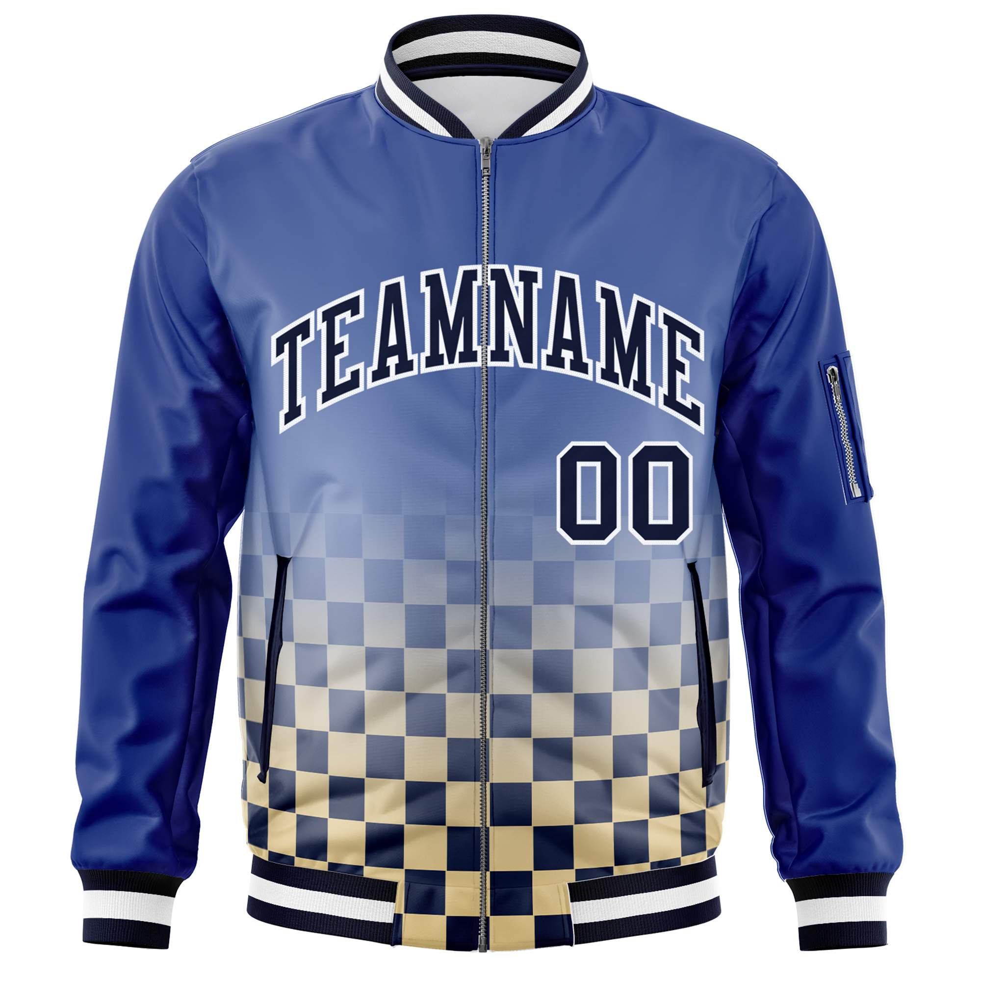 Custom Royal Navy-White Grid Varsity Full-Zip Color Block Letterman Bomber Jacket