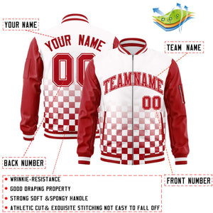 Custom White Red Grid Varsity Full-Zip Color Block Letterman Raglan Sleeve Jacket