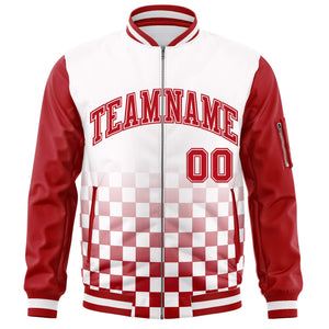 Custom White Red Grid Varsity Full-Zip Color Block Letterman Raglan Sleeve Jacket