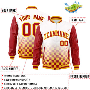 Custom White Red-Gold Grid Varsity Full-Zip Color Block Letterman Raglan Sleeve Jacket