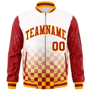 Custom White Red-Gold Grid Varsity Full-Zip Color Block Letterman Raglan Sleeve Jacket