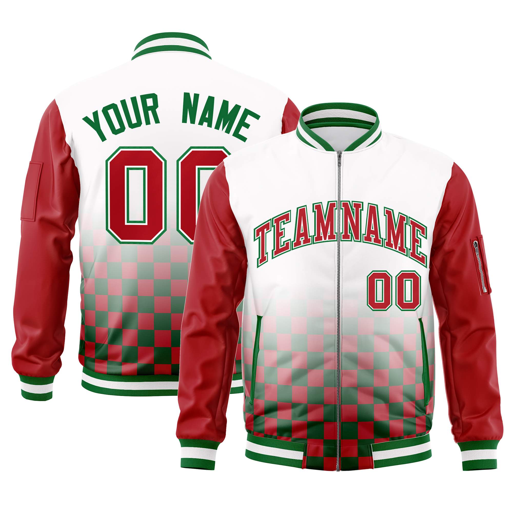 Custom White Red-Kelly Green Grid Varsity Full-Zip Color Block Letterman Raglan Sleeve Jacket