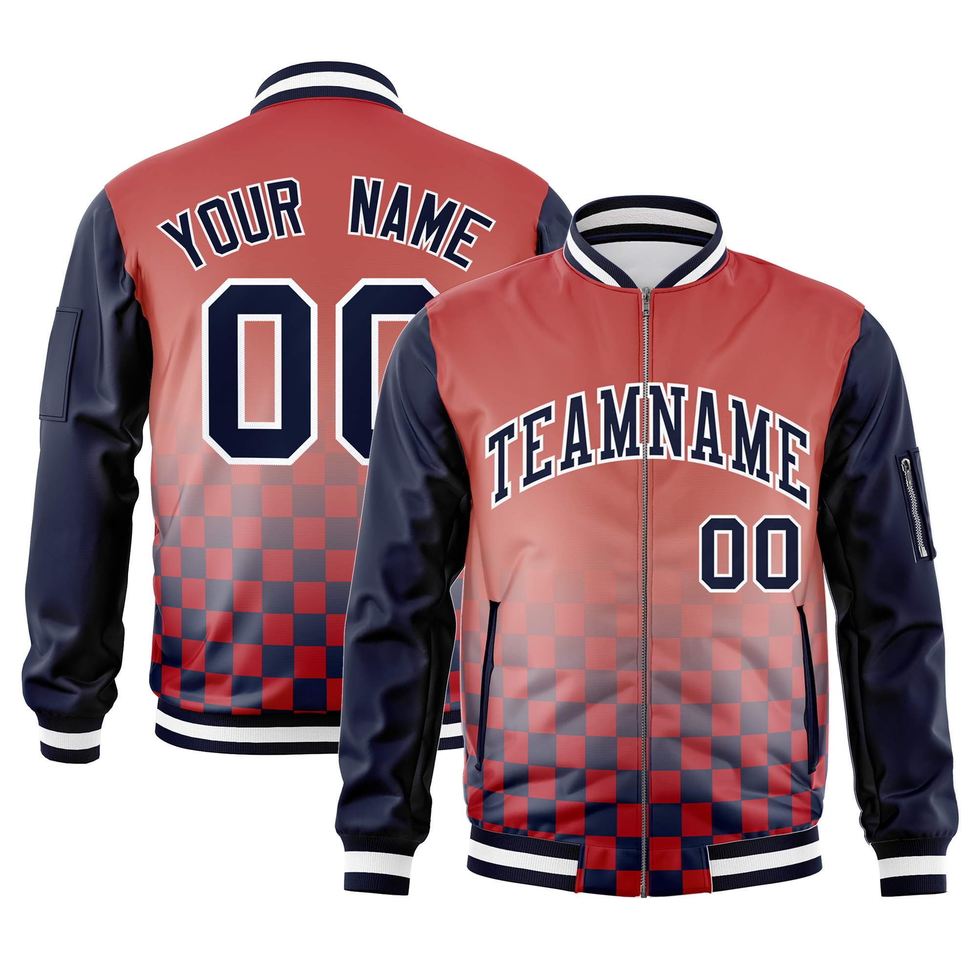 Custom Red Navy-White Grid Varsity Full-Zip Color Block Letterman Raglan Sleeve Jacket