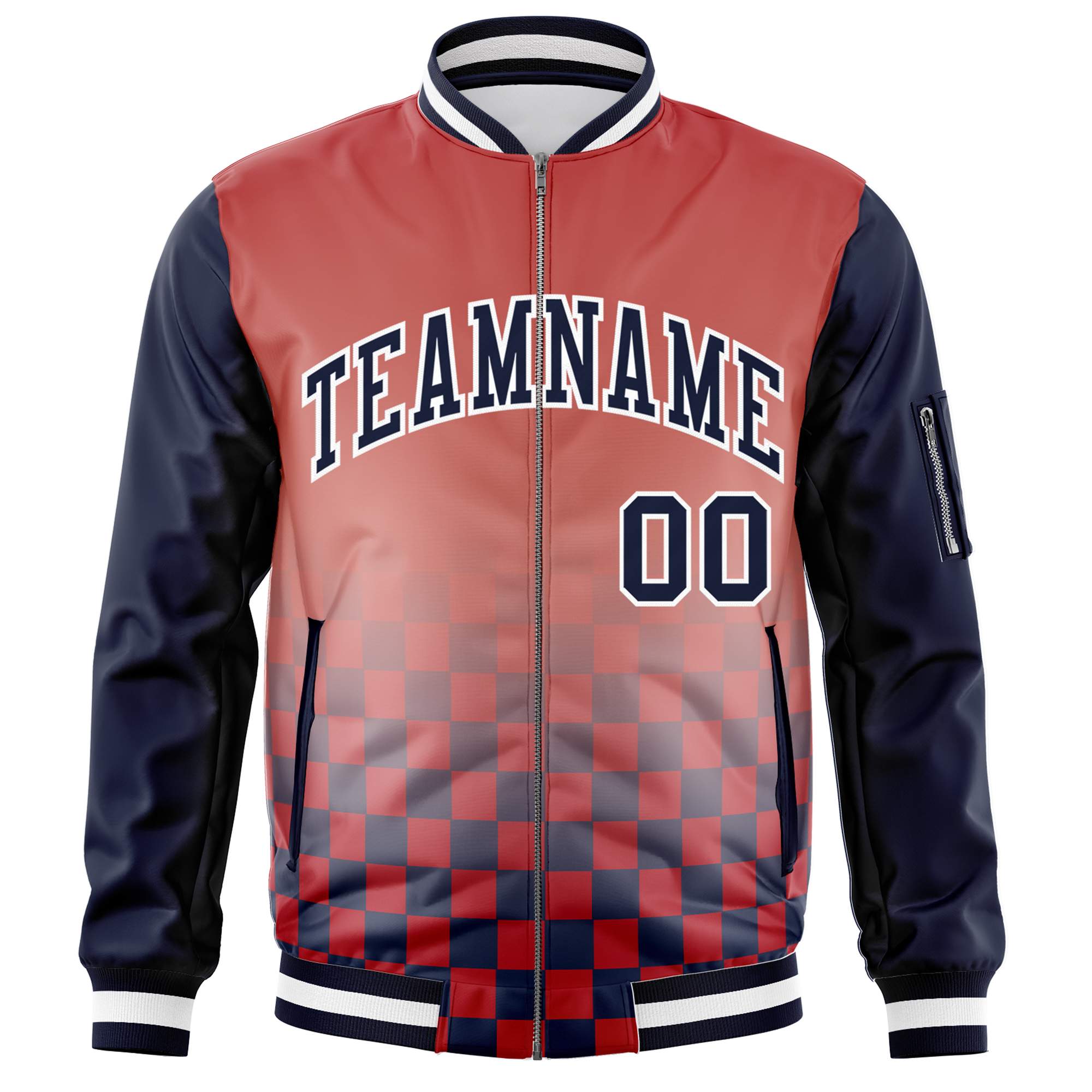 Custom Red Navy-White Grid Varsity Full-Zip Color Block Letterman Raglan Sleeve Jacket