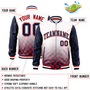 Custom White Navy-Red Grid Varsity Full-Zip Color Block Letterman Raglan Sleeve Jacket