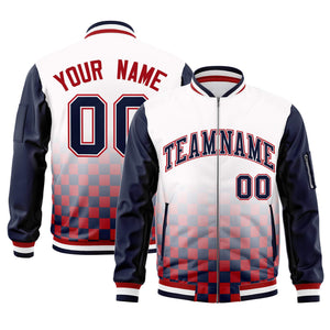 Custom White Navy-Red Grid Varsity Full-Zip Color Block Letterman Raglan Sleeve Jacket