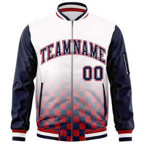 Custom White Navy-Red Grid Varsity Full-Zip Color Block Letterman Raglan Sleeve Jacket