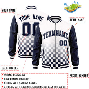 Custom White Navy Grid Varsity Full-Zip Color Block Letterman Raglan Sleeve Jacket