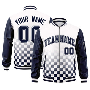 Custom White Navy Grid Varsity Full-Zip Color Block Letterman Raglan Sleeve Jacket