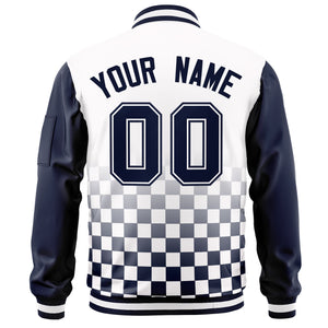 Custom White Navy Grid Varsity Full-Zip Color Block Letterman Raglan Sleeve Jacket