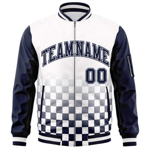 Custom White Navy Grid Varsity Full-Zip Color Block Letterman Raglan Sleeve Jacket