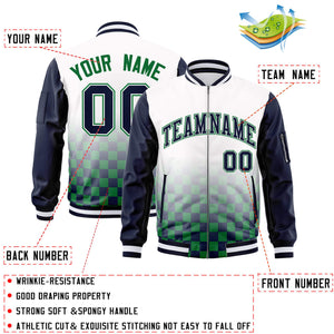 Custom White Navy-Kelly Green Grid Varsity Full-Zip Color Block Letterman Raglan Sleeve Jacket