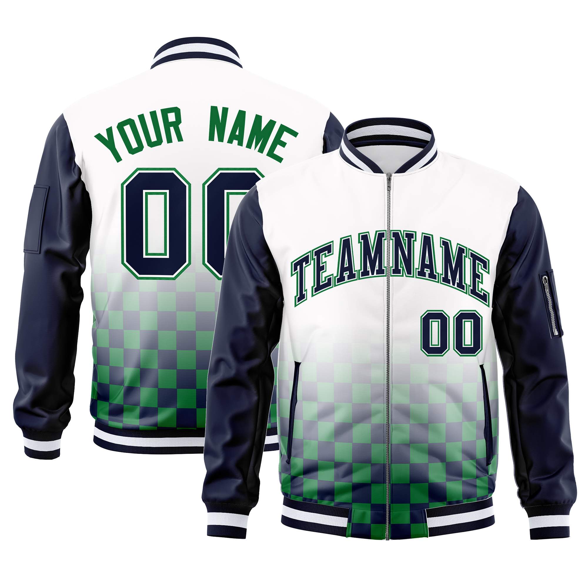 Custom White Navy-Kelly Green Grid Varsity Full-Zip Color Block Letterman Raglan Sleeve Jacket