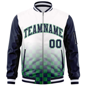 Custom White Navy-Kelly Green Grid Varsity Full-Zip Color Block Letterman Raglan Sleeve Jacket