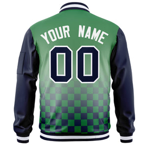 Custom Kelly Green Navy-White Grid Varsity Full-Zip Color Block Letterman Raglan Sleeve Jacket