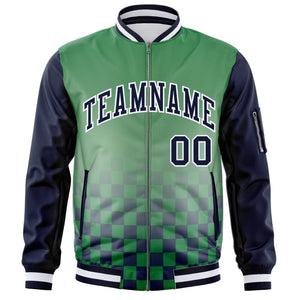 Custom Kelly Green Navy-White Grid Varsity Full-Zip Color Block Letterman Raglan Sleeve Jacket