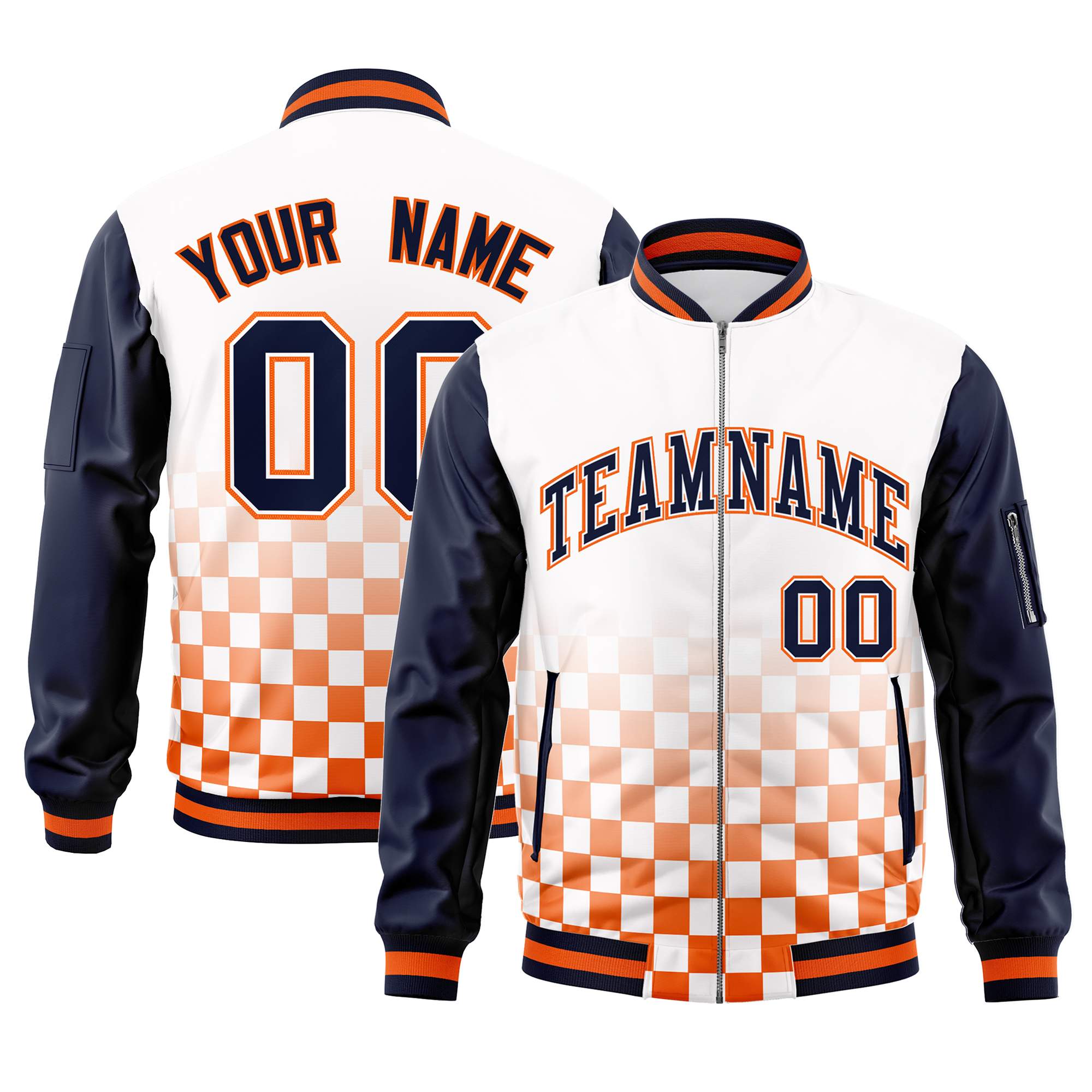 Custom White Navy-Orange Grid Varsity Full-Zip Color Block Letterman Raglan Sleeve Jacket