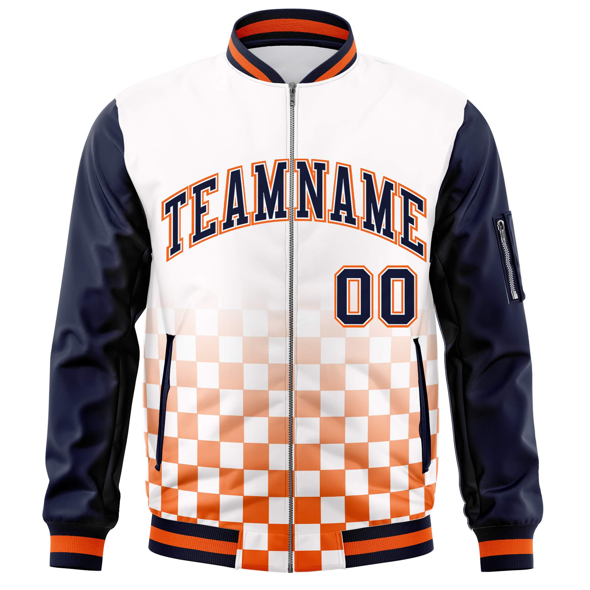 Custom White Navy-Orange Grid Varsity Full-Zip Color Block Letterman Raglan Sleeve Jacket