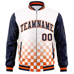 Custom White Navy-Orange Grid Varsity Full-Zip Color Block Letterman Raglan Sleeve Jacket