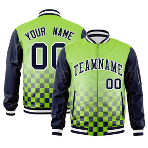 Custom Neon Green Navy-White Grid Varsity Full-Zip Color Block Letterman Raglan Sleeve Jacket