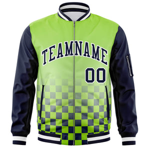 Custom Neon Green Navy-White Grid Varsity Full-Zip Color Block Letterman Raglan Sleeve Jacket